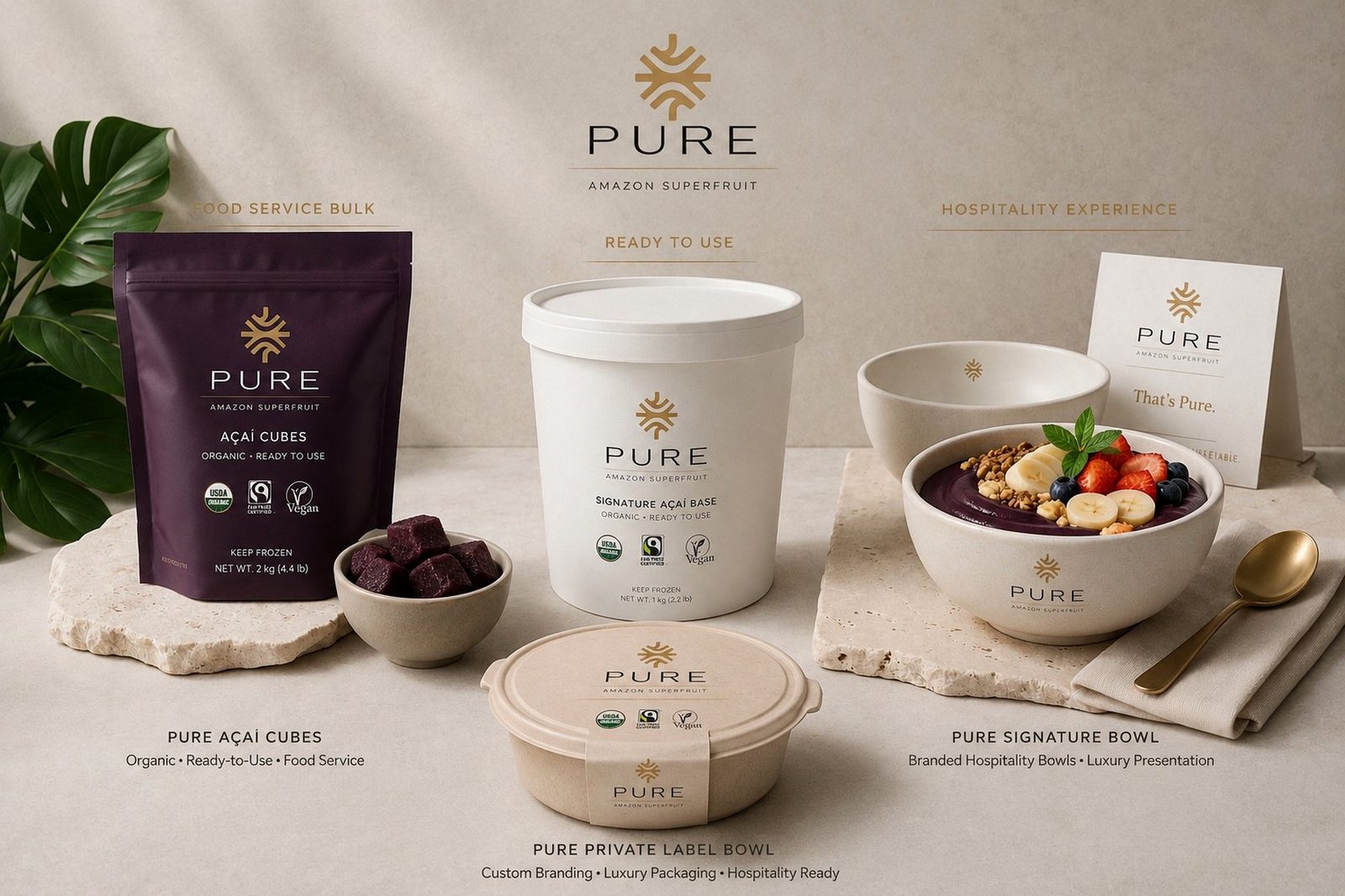 The PURE range: açaí cubes, signature base, private label and signature bowl