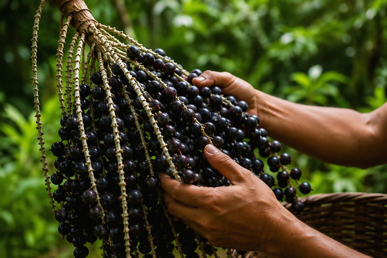 Hands harvesting açaí with the local community
