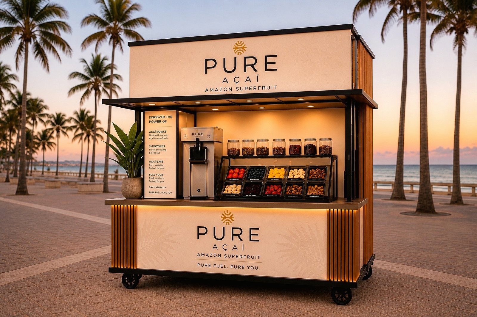 The PURE açaí pop-up cart at sunset